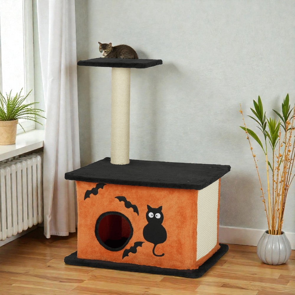 Tcbosik Halloween Cat Tree, 33" Cat Tower with Cat Condo and Sisal Scratching Post, Kitchen Activity Center for Indoor, Orange & Black