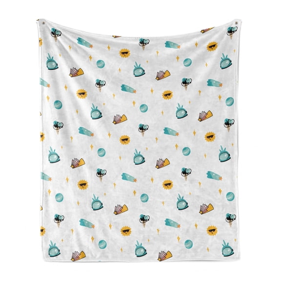 Summer Soft Flannel Fleece Throw Blanket, Ice Cream Sun in Sunglasses Shooting Stars Planets Cosmos Nursery, Cozy Plush for Indoor and Outdoor Use, 70" x 90", Turquoise and Earth Yellow, by Ambesonne