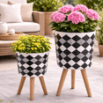 thumbnail image 3 of Sagebrook Home Set of 2 Geometric Planters on Stands - Resin & Wood Mid-Century Modern Plant Pots for Indoor/Outdoor Home & Garden Decor - 12" & 10", Black & White G, 3 of 13