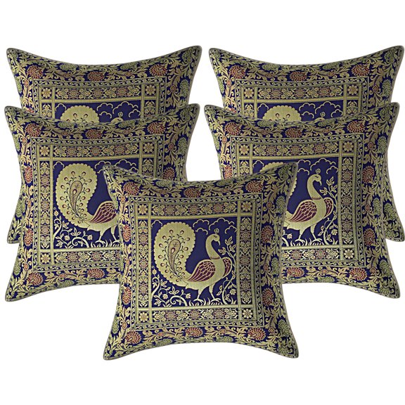 Stylo Culture Indian Decorative Brocade Navy Blue And Gold Throw Pillow Covers 16x16 Jacquard Weave Banarasi Indian Throw Pillows Dancing Peacock Floral 40x40 cm Cushion Covers (Set Of 5)