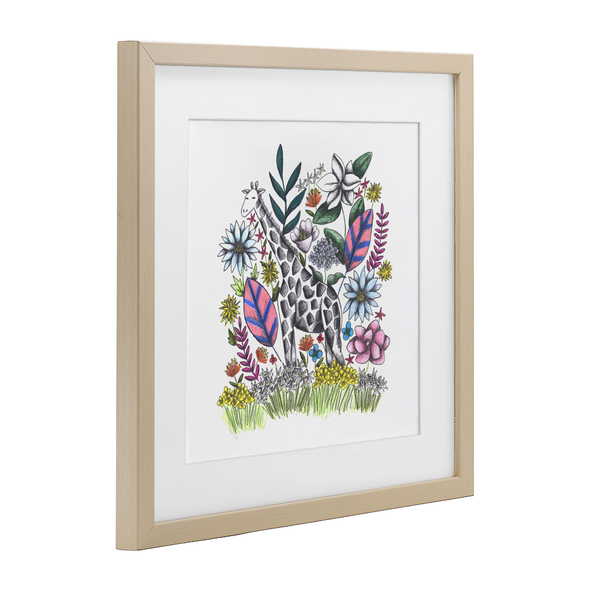Giraffe in Midst of Flowers Birch Framed Print Under Glass, design by Cecilia Battaini