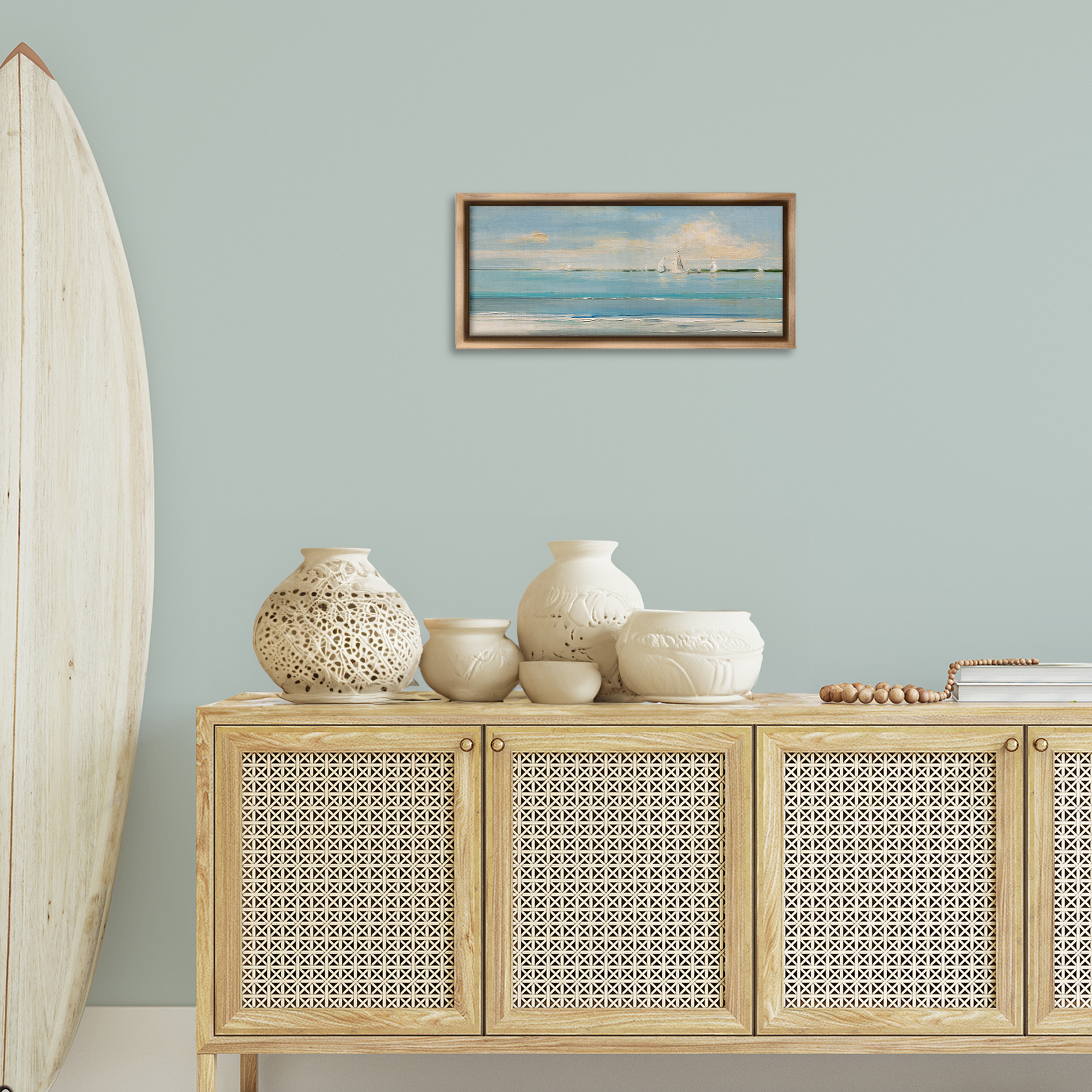 Stupell Industries Distant Painterly Sailboats Nautical & Beach Painting Brown Floater Framed Canvas Art Print Wall Art, 25 x 11