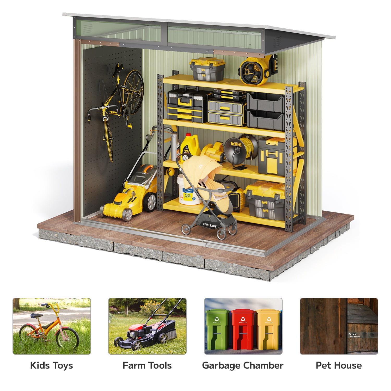 6'x4' Metal Shed , Asofer Outdoor Storage Shed with Transparent Panel Window for Garden, Brown