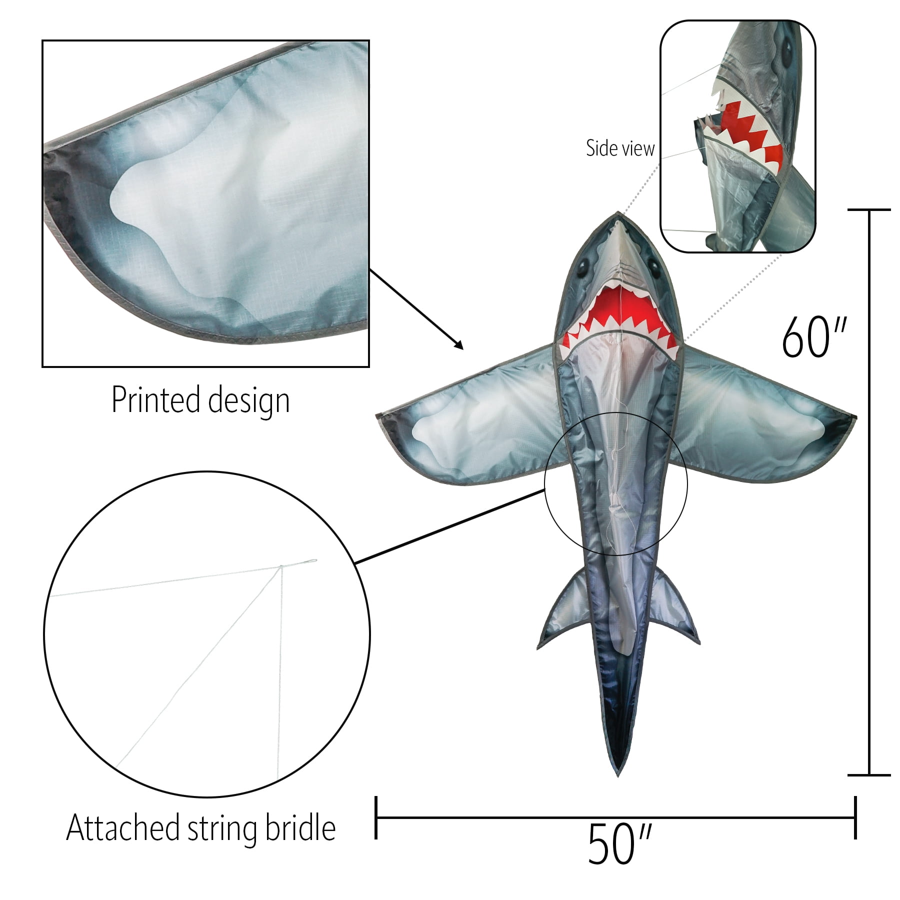 In the Breeze 3383 — 5-foot Realistic Shark Kite — Printed 3D Shark Kite with Applique Teeth, Easy-Flying; ; Kite Line Included