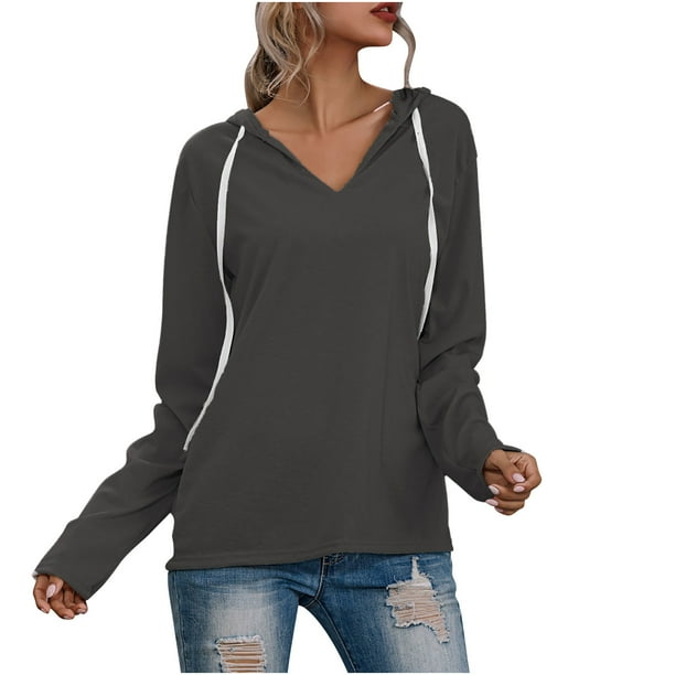 Sudadera para mujer Otoño Sudaderas Damas Invierno y otoño Casual Color sólido Cordón V-cuello Fleece Bottoming Shirt Suéter con capucha Tops Odeerbi ODB-5
