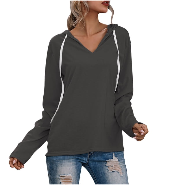 Señoras de invierno y otoño Casual Color sólido Cordón con cuello en V Fleece Bottoming Shirt Suéter con capucha Tops Fridja bvmnju6332