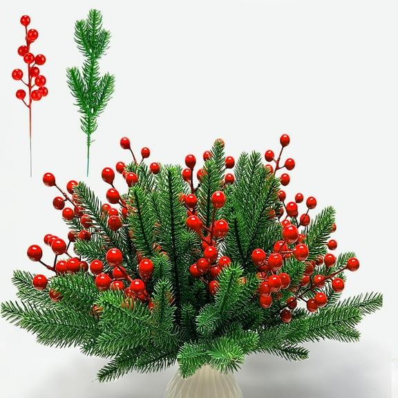 38Pcs Pcs Artificial Pine Needles Branches Greenery Pine Picks Artificial Red Berry Stems Set, 11in Christmas Pine Needles Xmas Fake Tree Branches for DIY Craft Garland Home Decor(Green Red)