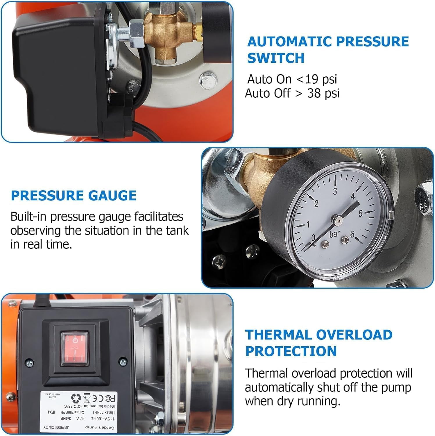 AOILE 1HP Shallow Well Pump, 115V Stainless Steel Water Transfer Pump for Garden, Pool, Well, Irrigation