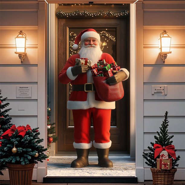 Seyotauo Festive Christmas Santa Claus Door Banner Decorative Made Of Ice Silk Fabric Holiday Door Cover with Christmas Santa, Perfect for Indoor and Outdoor Christmas Decorations