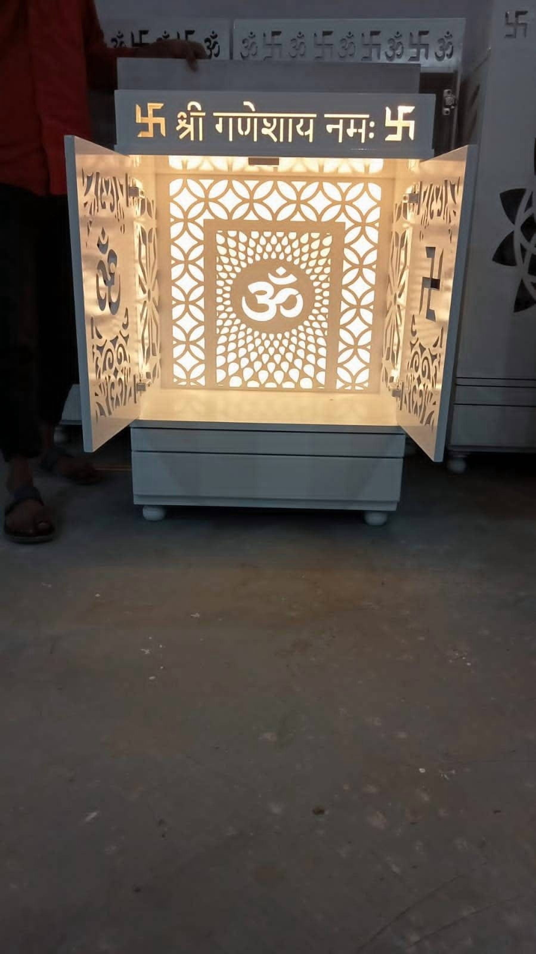 White Wooden Temple For Home With LED Lights / Designer Mandir With Doors And Cabinets / Pooja Mandir /Pooja Mandap/Pooja Ghar /Hindu Temple