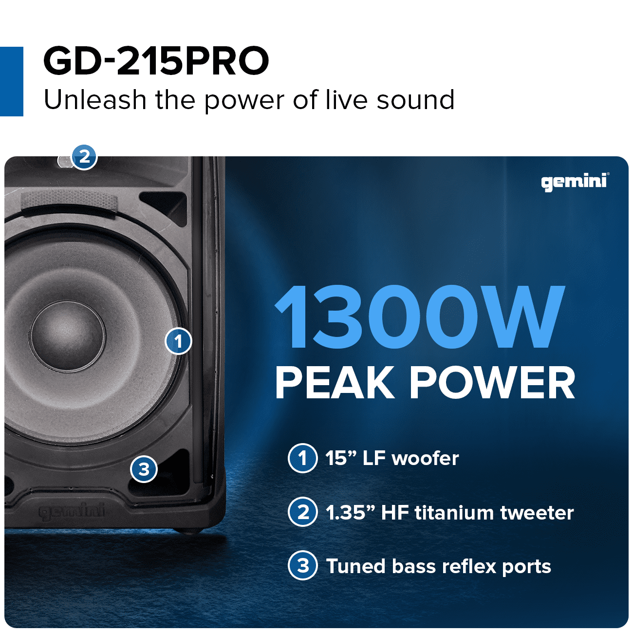 Gemini GD-215PRO: 1300W Bluetooth DJ PA Speaker with 15” Woofer, 3-Channel Mixer, TWS Link & EQ – Professional Sound for DJs, Live Events & Parties