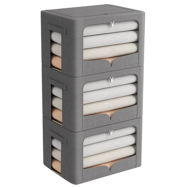 Paquete De 3 Contenedores De Almacenamiento De Ropa, Caja De Almacenamiento Plegable Con Marco De Metal, Organizador Apilable De Tela De Lino Con Asas De Transporte Y Ventana Transparente (Gris Oscuro