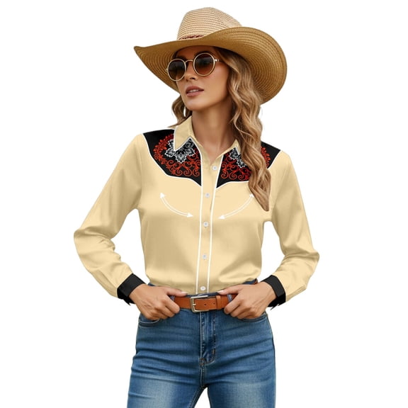 Western Shirts for Women Long Sleeve Cowgirl Shirts Country Button Down Shirt Retro Floral Print Tops Beige L
