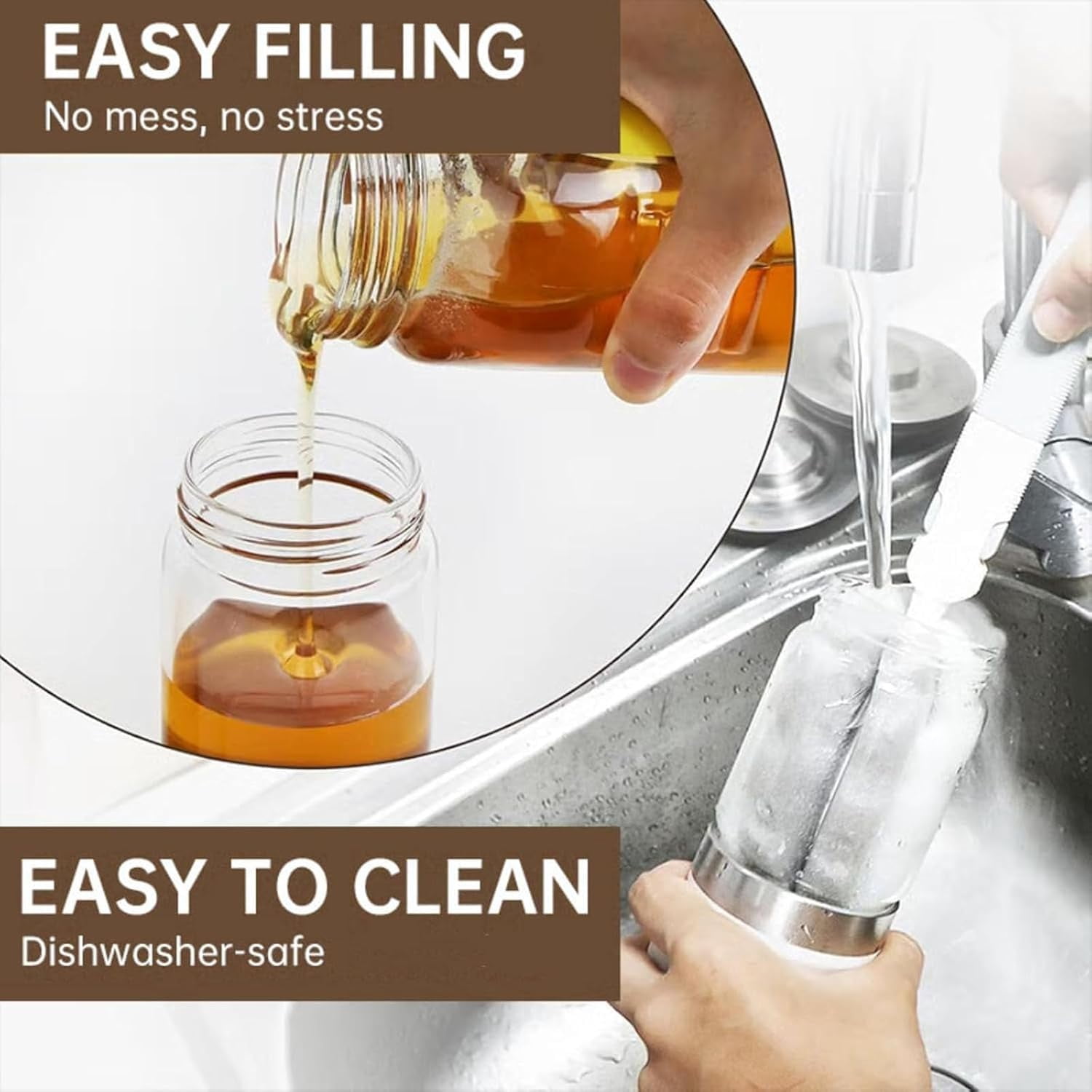 Honey Dispenser No Drip, Glass Honey Dispenser with Stand and Handle, Refillable Honey Jar Syrup Dispenser for Honey, Maple Syrup, Coffee, Tea, Pancakes, Mess-Free Kitchen Honey Container (300ML)M