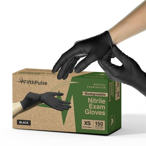 FifthPulse Biodegradable Disposable Nitrile Gloves, 3 Mil Medical Exam Gloves - XS - 150 Count - Black
