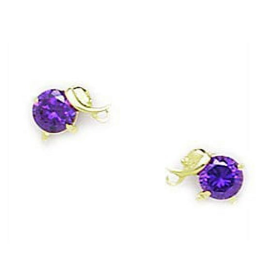 14k Yellow Gold February Purple 4x4mm CZ Elephant Screw-Back Earrings - Measures 5x8mm
