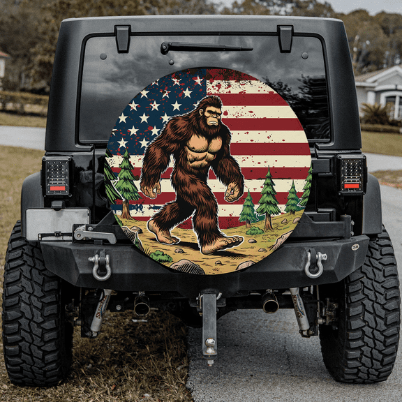 Lotusprinthandmade Bigfoot Forest With America Flag Spare Tire Cover Without Backup Camera Hole 6 Sizes (27 in.)