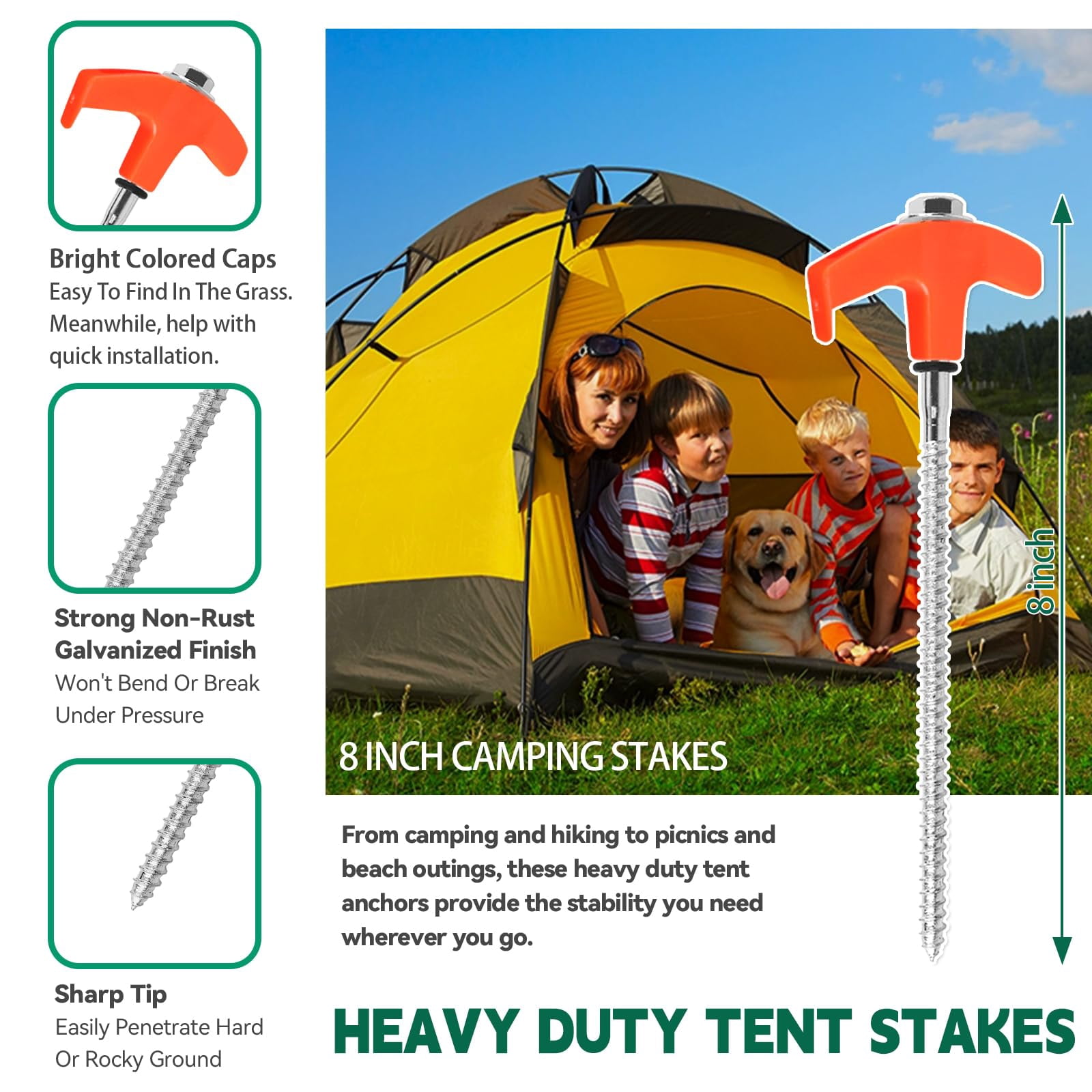 12 Pack 8" Screw in Tent Stakes with Hex Heads – Heavy Duty Stainless Steel Tent Pegs Ground Anchors with Drill Socket for Camping