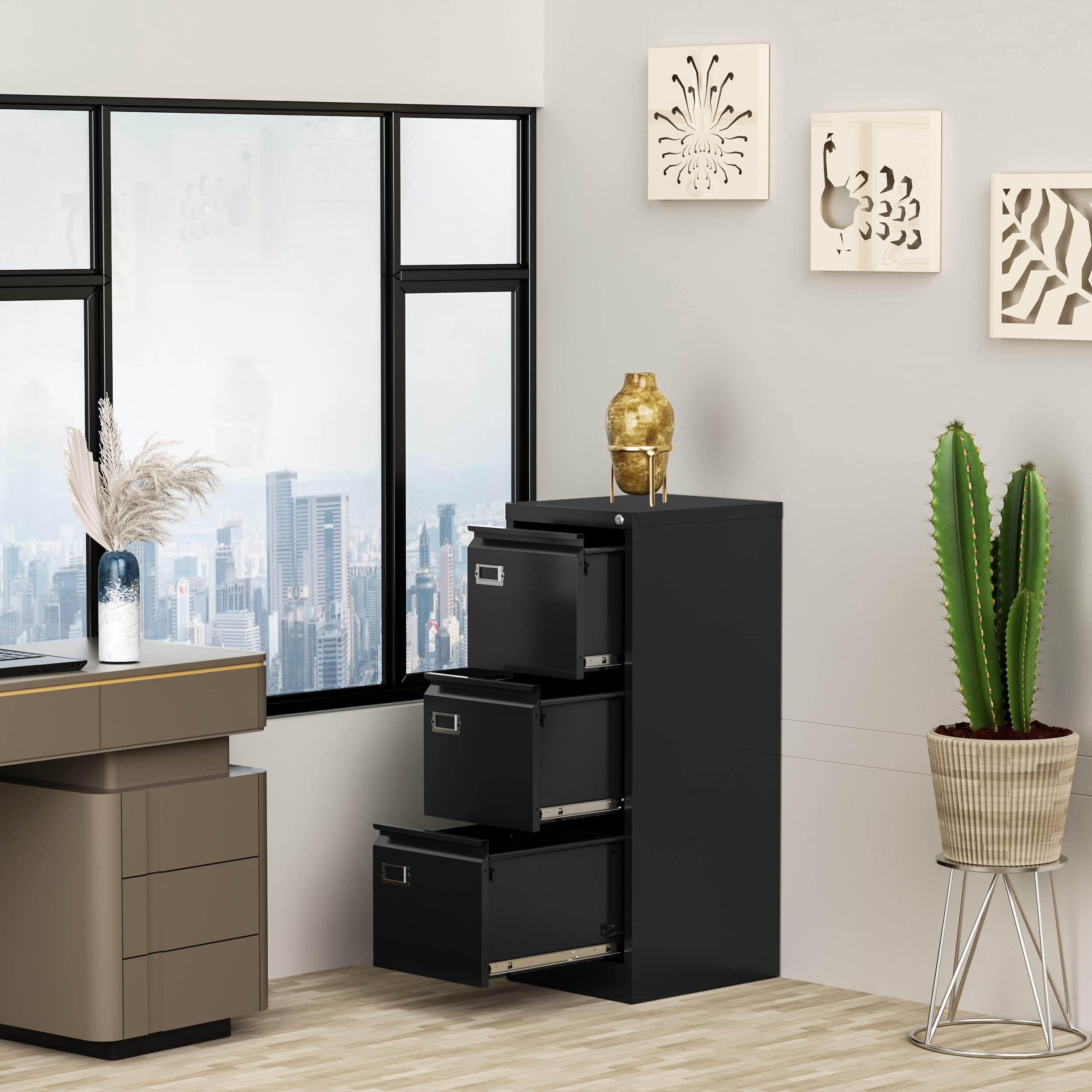Fesbos 3 Drawer File Cabinet with Lock, File Cabinets for Home Office,18" Deep Vertical Metal Black File Cabinet Office Storage Cabinet Organizer for Letter/Legal / A4