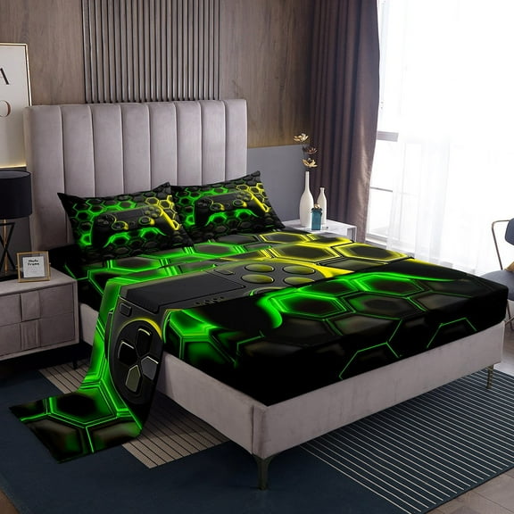 Erosebridal Teens Gaming Twin Sheet Sets, Green Honeycomb Bed Sheets Twin, Geometric Bedding Twin Size, Ultra Soft Bedroom Decoration, 3 Pieces