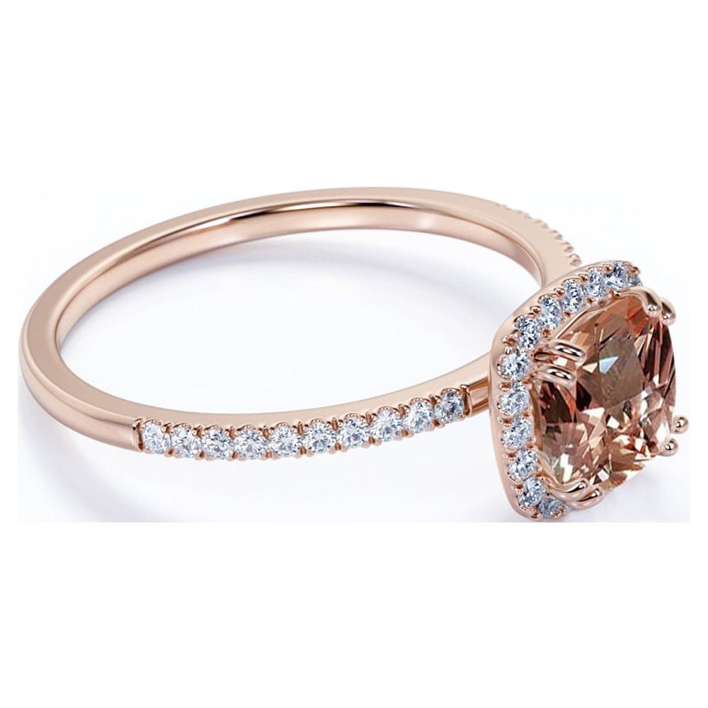 JeenMata 1.75 Carat Cushion Cut created morganite Halo Engagement Ring in 18k Rose Gold over Silver