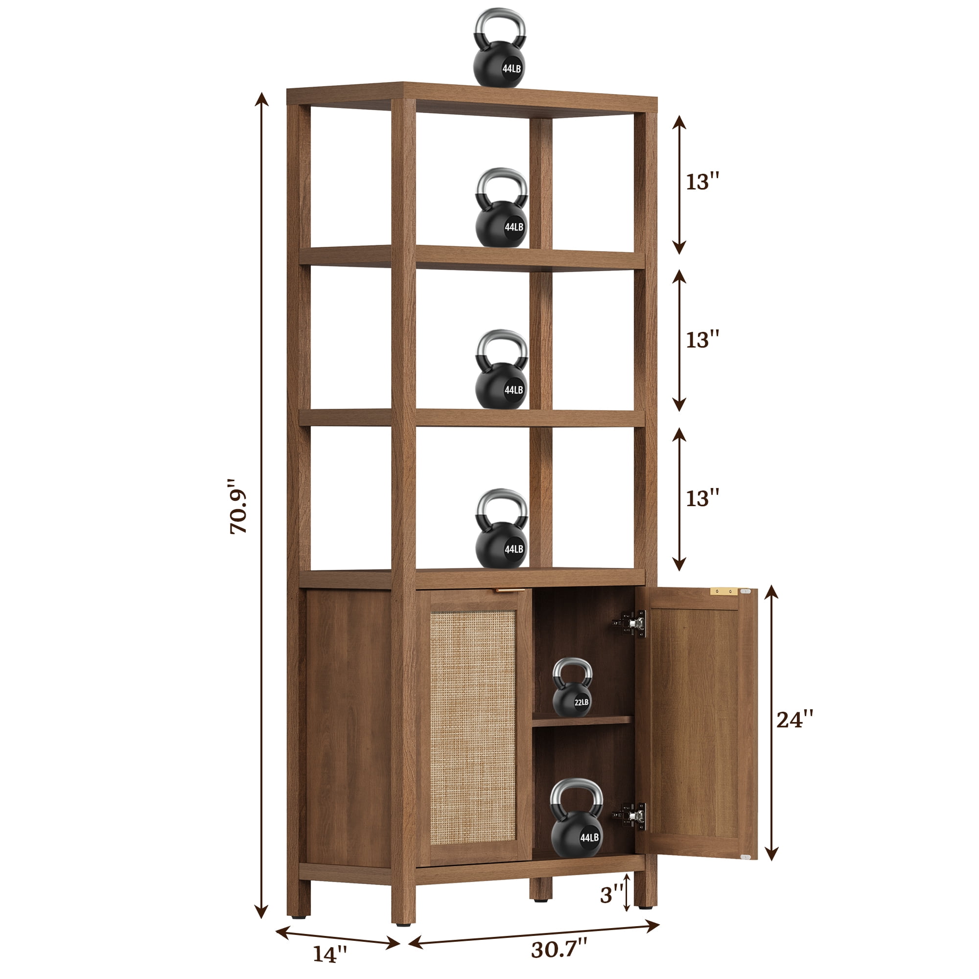 SICOTAS 71" Tall Bookcase with Doors, Boho 5 Tier Rattan Bookshelf Set of 3, Mid-Century Bookcase with Storage Cabinet for Living Room, Bedroom, Library & Home Office in Oak