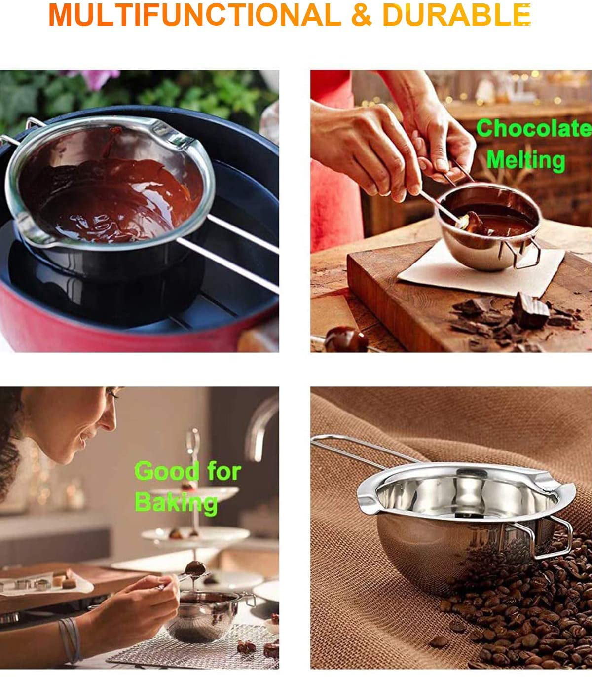 2 Pack Stainless Steel Double Boiler Pot with Heat Resistant Handle,  Melting Pot Universal for Melting Chocolate, Butter, Cheese, Caramel and  Candy, Capacity 450ML/900ML… price in Saudi Arabia,  Saudi Arabia