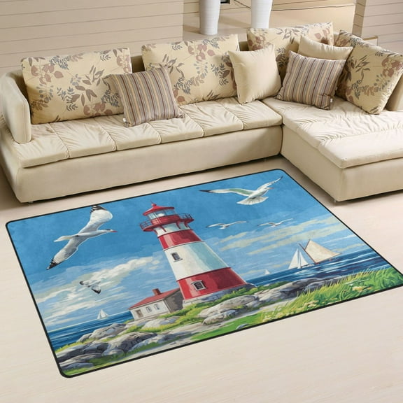 WOBOGO Coastal Lighthouse Carpet Non-Slip Rugs Soft Doormat 31×20in Living Dining Room Bedroom Decorative