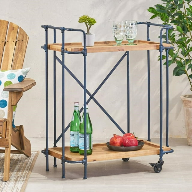 Mobile Bar Cart with Recessed Shelves & Cross-Back Motif|2 Shelves|Antique Black