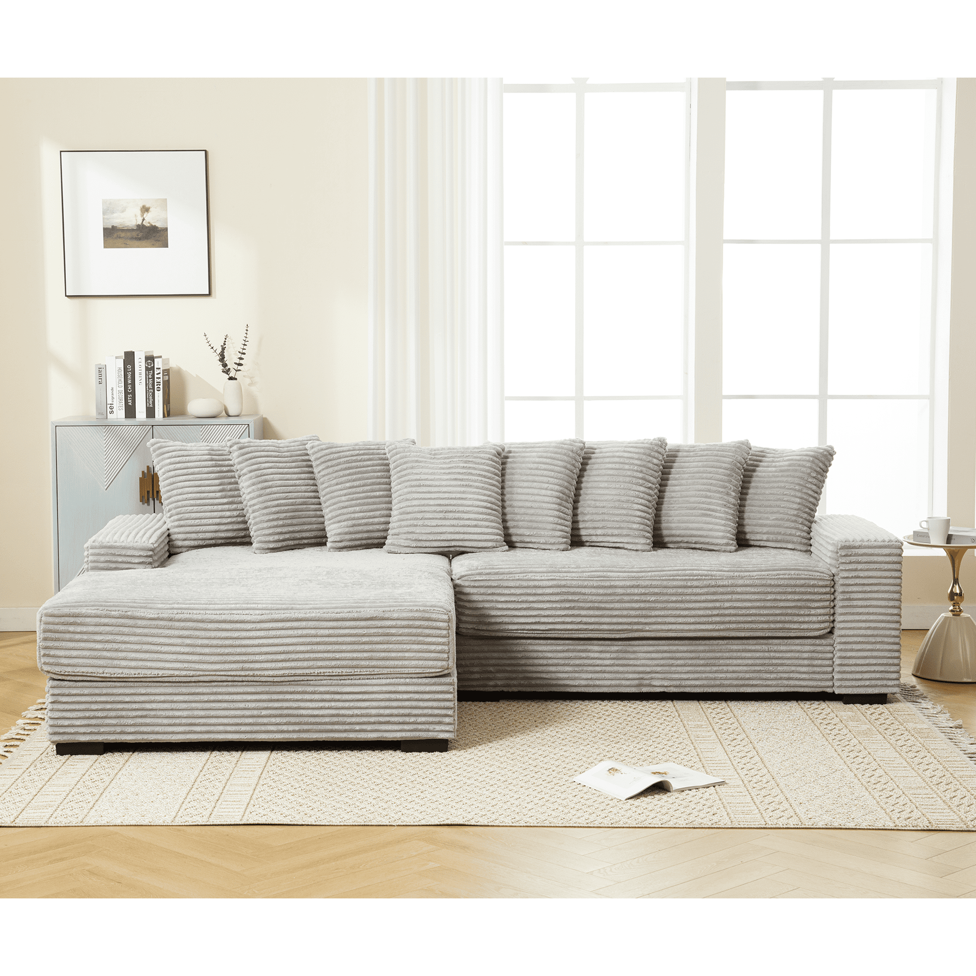 AISWORD 111" Oversized 3-Seat L-Shaped Sectional Sofa with Left Chaise, Luxury Corduroy Fabric Modular Couch with 8 Throw Pillows, Easy Assembly for Living Room