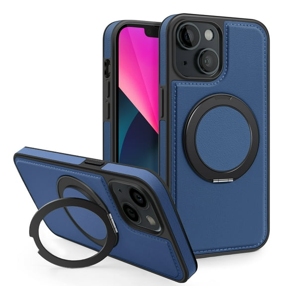 for Magnetic iPhone 14 Plus Case, PU Leather Phone Case [Compatible with MagSafe] Rotatable Ring Holder Kickstand Design Shockproof Women Men Girls Boys Protective Phone Cover,Blue