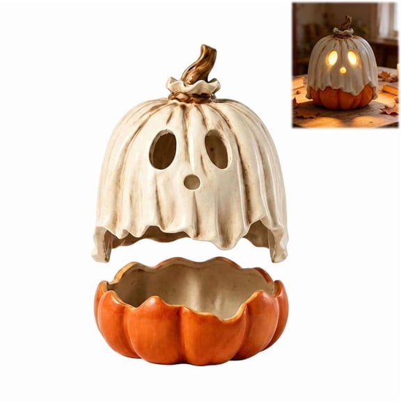 Halloween Ghost Pumpkin Ceramic Candle Holder, 2-Piece Removable Lid Tealight Candle Holder, Vintage Distressed Pumpkin Bowl for Fall Tabletop Decor