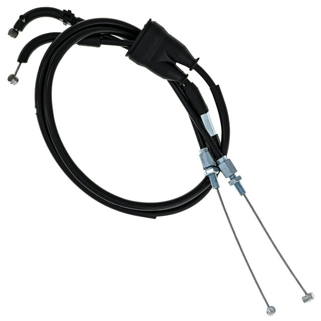 Niche Push Pull Throttle Cable for Yamaha YZF-R6 2C0-26302-00-00 519-CCB2553L. A black throttle cable with dual steel wire ends and zinc-coated hardware, designed as a direct replacement for Yamaha models including YZF R6 (2006-2016), YZF R6 Raven (2009-2012), and others. Compatible with OEM part 2C0-26302-00-00 and Motion Pro 05-0361. Measures 27.56 inches in length.