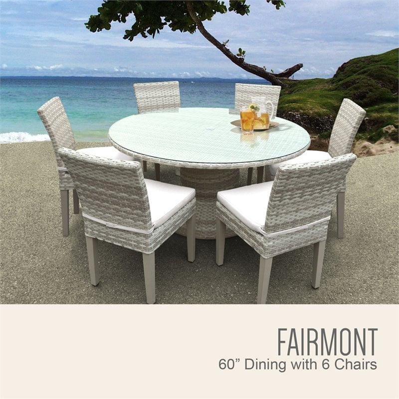 TKC Fairmont 7 Piece 60" Round Glass Top Patio Dining Set in Sail White