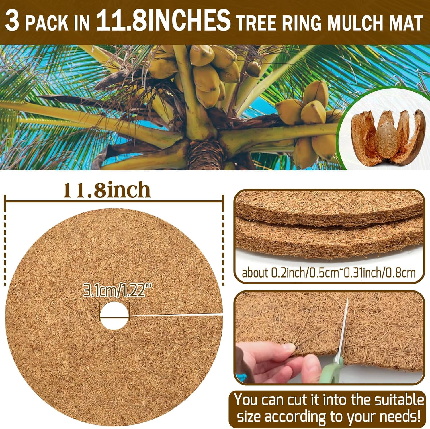 ZeeDix 6 Pcs Coconut Fibers Mulch Ring Tree Protector Mat, 17.8 Inch Coco Coir Tree Protection, Tree Ring Mats Tree Disc Plant Cover for Indoor or Outdoor