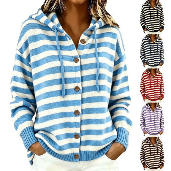 Women Hooded Button Front Knit Cardigan Top,Striped Outerwear Knitted Hooded,Oversized Drawstring Long Sleeve Loose Soft Sweater Coat,Fall Winter Warm Daily Blouse Business Casual Outfits Blue