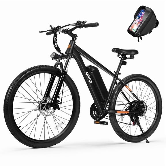 Qlife Racer Ultra Electric Bike for Adults 21-Speed Mountain Lightweight Ebike with 350W Max 28MPH Brushless Motor, 26" Step Over E-MTB, 48V 7.8Ah Removable Battery e-Bike(Black) with Phone Bag
