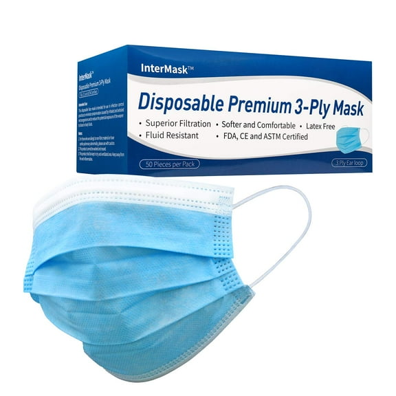 InterMask ASTM Level 3 Disposable Premium 3-Ply Face Mask, Box of 50