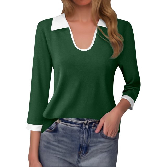 MHFRRA Camiseta de Manga Larga con Cuello En V Ajustado y Cuello En Bloque de Color para Mujer Verde