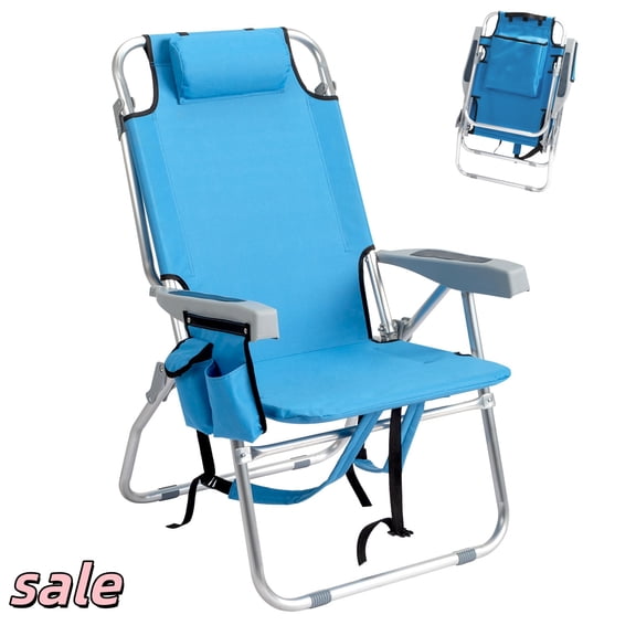 GZXS Backpack Beach Chair, 5 Position Adjustable Camping Chair, Portable Folding Chair with Pillow, Towel Bar, Cooler Bag and Storage Pocket, 220 lbs Capacity, Blue