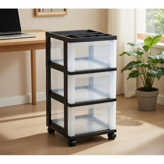 3-Drawer Plastic Rolling Storage Cart with Organizer Top and Wheels, Black Frame with Clear Drawers
