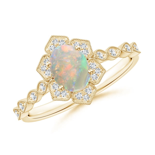 Angara Natural Opal Ring - Oval Opal Trillium Floral Shank Ring in 14K Yellow Gold for Women (Ring Size = 4)