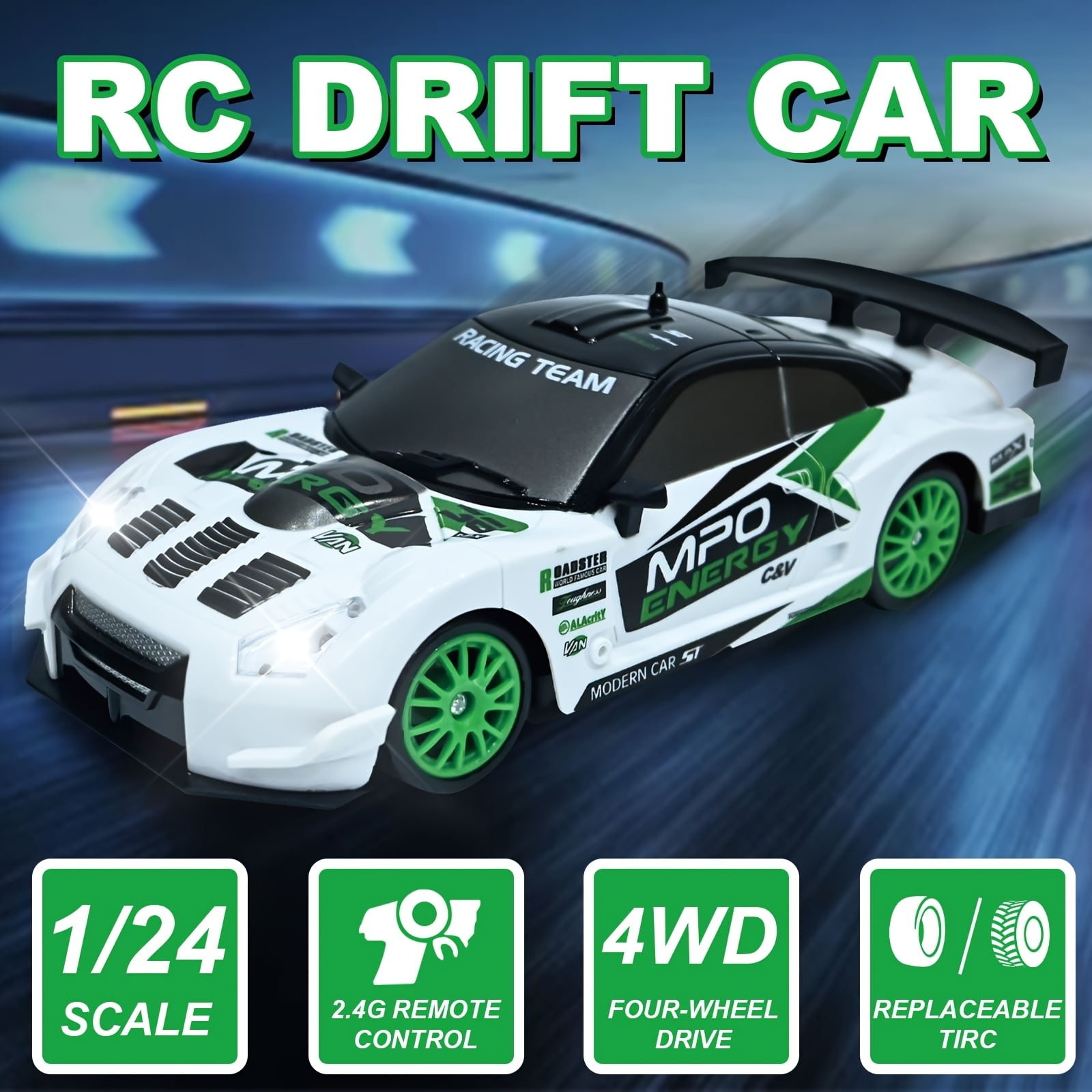 AIGIA Remote Control Car 2.4GHz 1:24 Scale 4WD 20KM/H High Speed RC Drift Car Model Vehicle with LED Lights Drifting Tire Racing Car