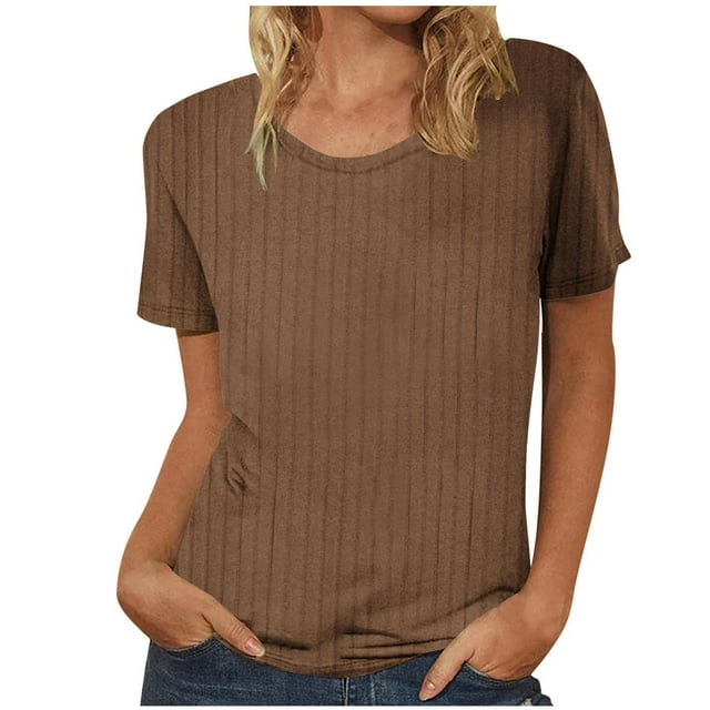 Plebaso Hauts Été pour Femmes Manches Courtes Col Rond T-Shirts Tricotés Couleur Unie Blouses Décontractées pour Femmes