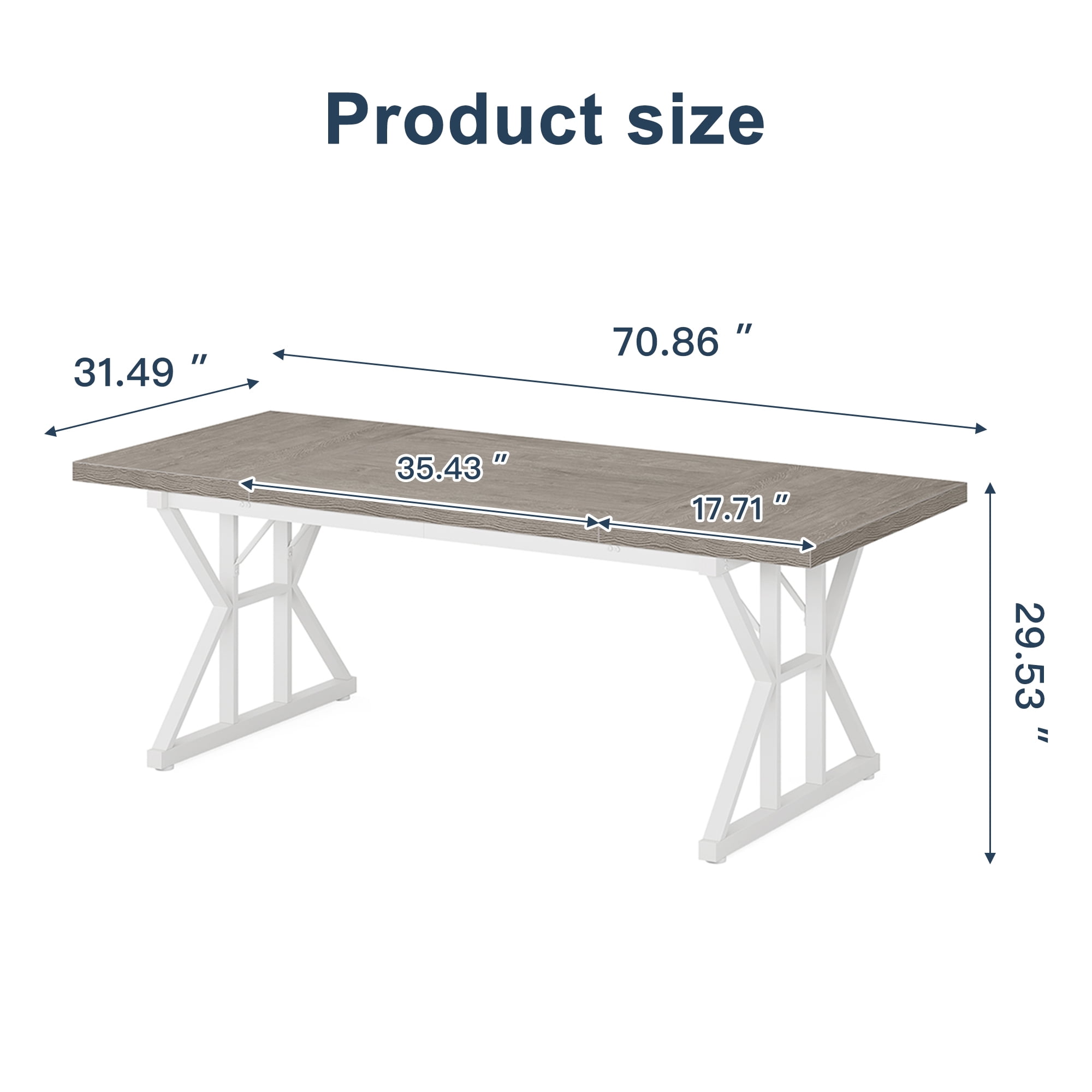 Demi Bonn 71" Farmhouse Dining Table, Wood Rustic Kitchen Table for 6 People, Large Rectangular Dinner Table for Dining Room, Home Office, Living Room Furniture, Gray & White