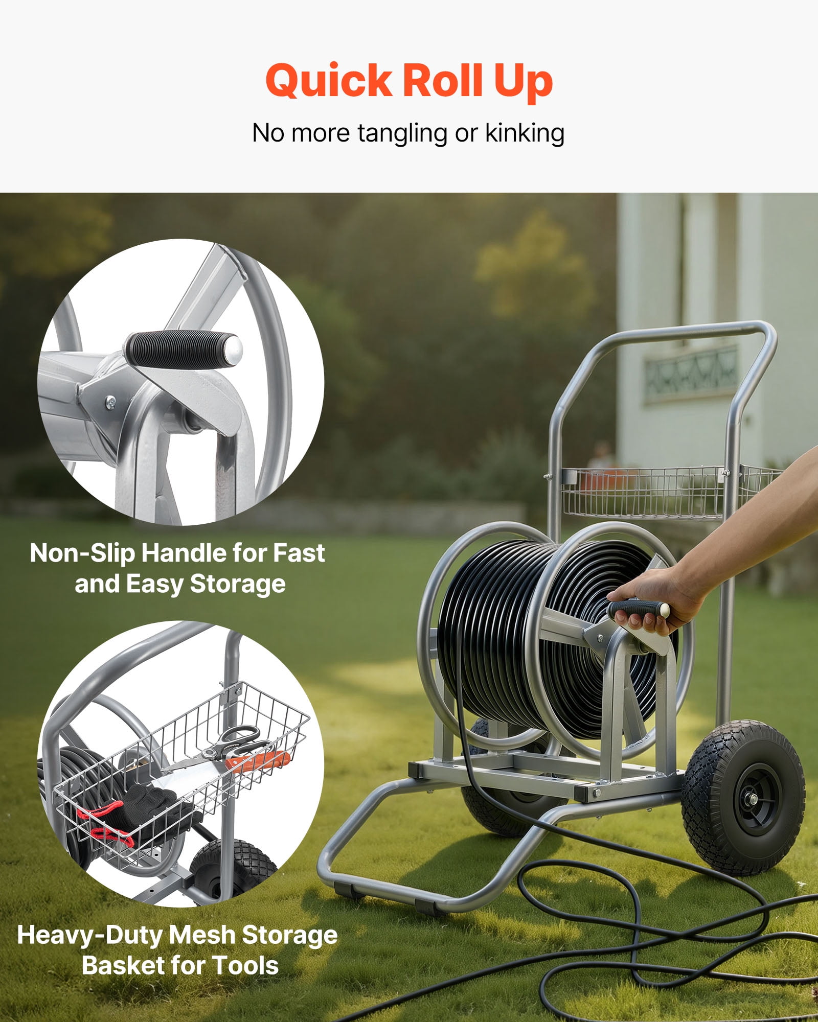 VEVOR Water Hose Reel Cart, 200/300ft High-Pressure Garden Hose Cart, Hoses Reel Carts with Two Wheels, Handle & Heavy-Duty Mesh Storage Basket, Dual-Purpose Portable Hoses Reels for Garden, Car, Pet