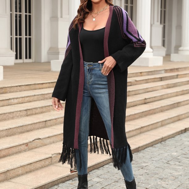 Suéter de ganchillo para mujer cárdigans de punto con dobladillo con flecos prendas de vestir abrigo suéter con borlas Tops