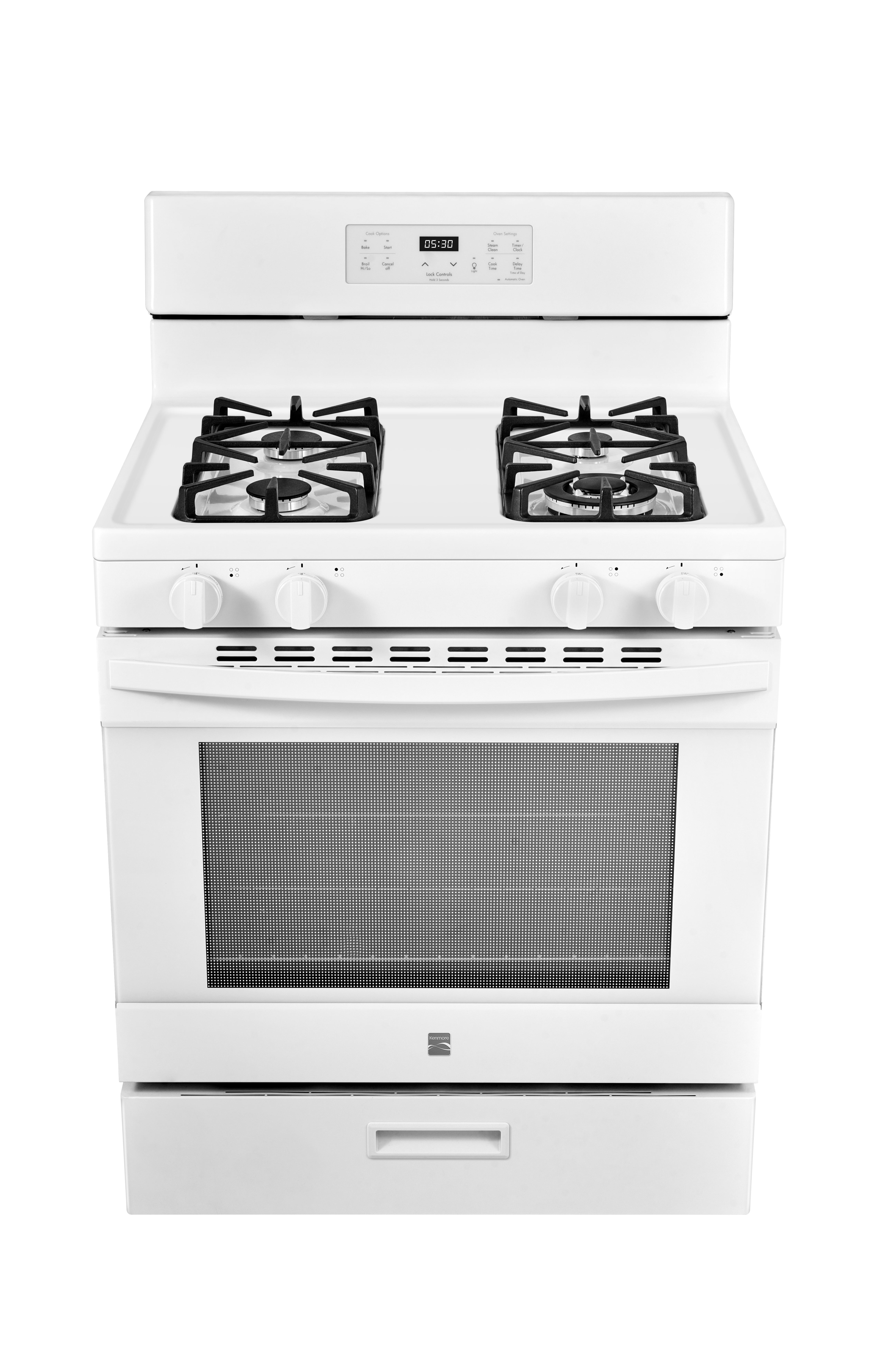Kenmore 30" Rear-Control 4-Burner Gas Range with Oven with Cast Iron Grates, Steam Clean, White, 5.2 Cu. ft