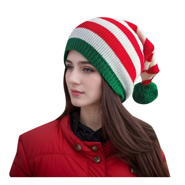 Chapeau en Laine Tricoté Père Noël avec Rayures Rouges et Vertes pour Hommes et Femmes en Automne Hiver Chaud Confortable Longue Queue Foulard Chapeau Gants Ensemble Femmes Foulard Gants Ensemble Hommes Blanc Taille Unique