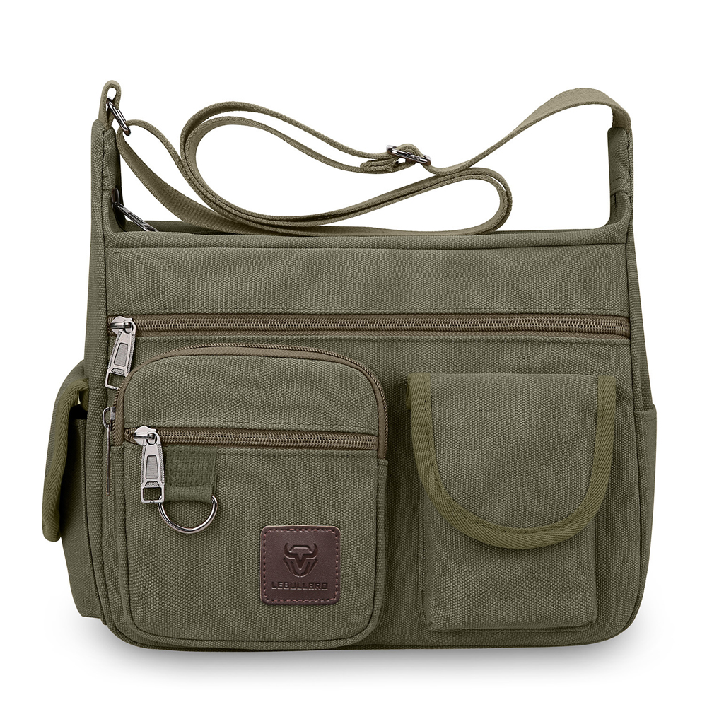 LEBULLBRO Canvas Messenger Bag for Mens Womens Multi-pockets 13 inch Laptop Shoulder Sling Bags School Crossbody Bags Travel Green